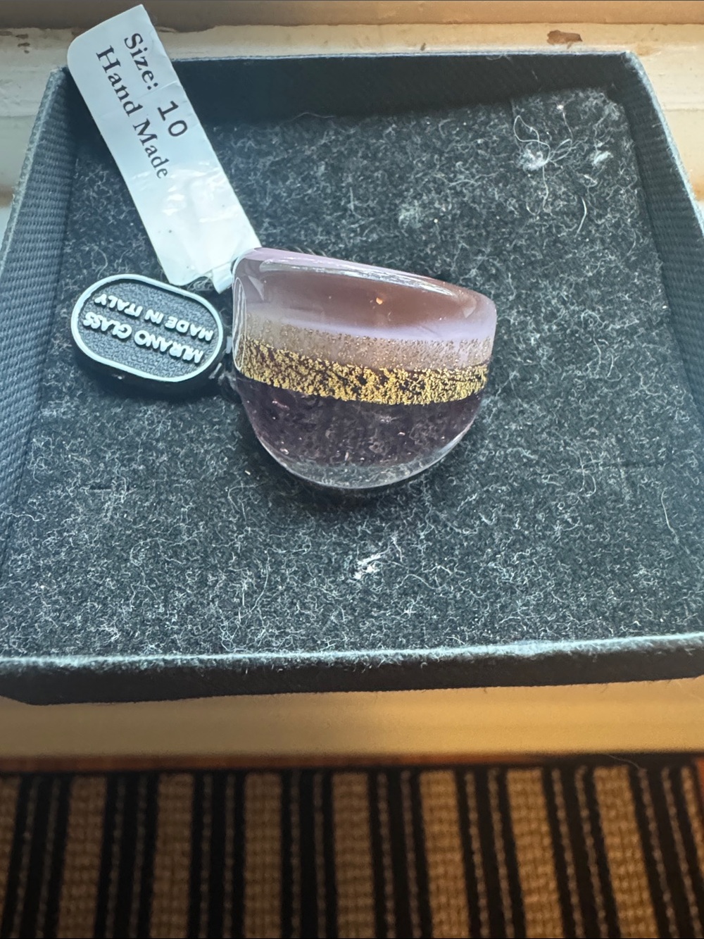 Murano Purple Glass Ring with 24kt Gold inlaid Band Accent